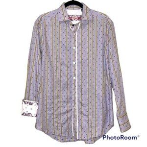 Robert Graham Button Front Shirt Mens Purple Yellow Stripes Diamonds Sz M